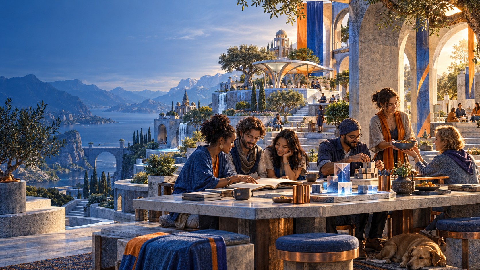 An imagined community sharing books, creative work and food around a table on blue and silver terraces.