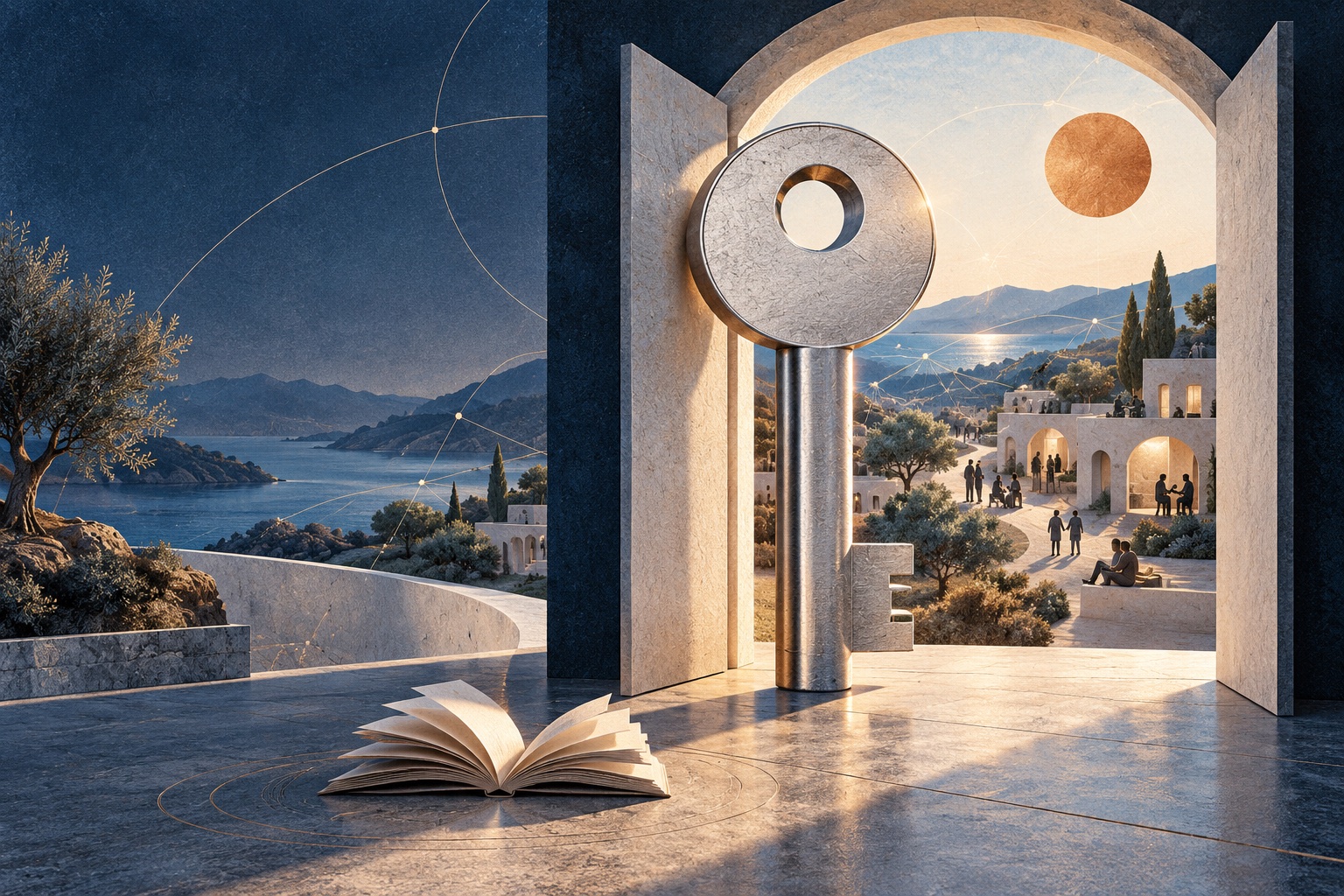 A silver key opens a doorway toward an interconnected community: original conceptual artwork.